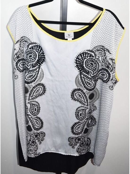Worthington Tops - Worthington Sleeveless Black and White Paisley Print Blouse with Yellow Trim